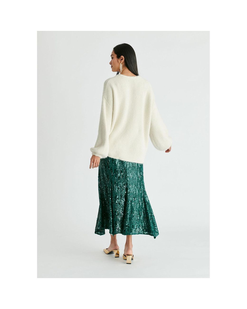 Paisie White Balloon Sleeves Jumper With Cable Details