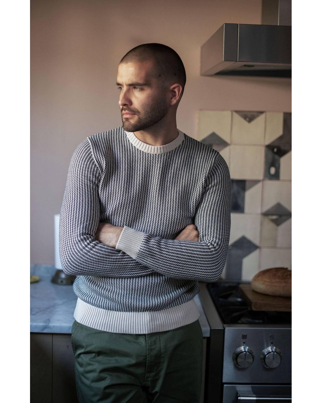 Paul James Knitwear Gray Cotton David Fisherman Tuck Stitch Jumper for men