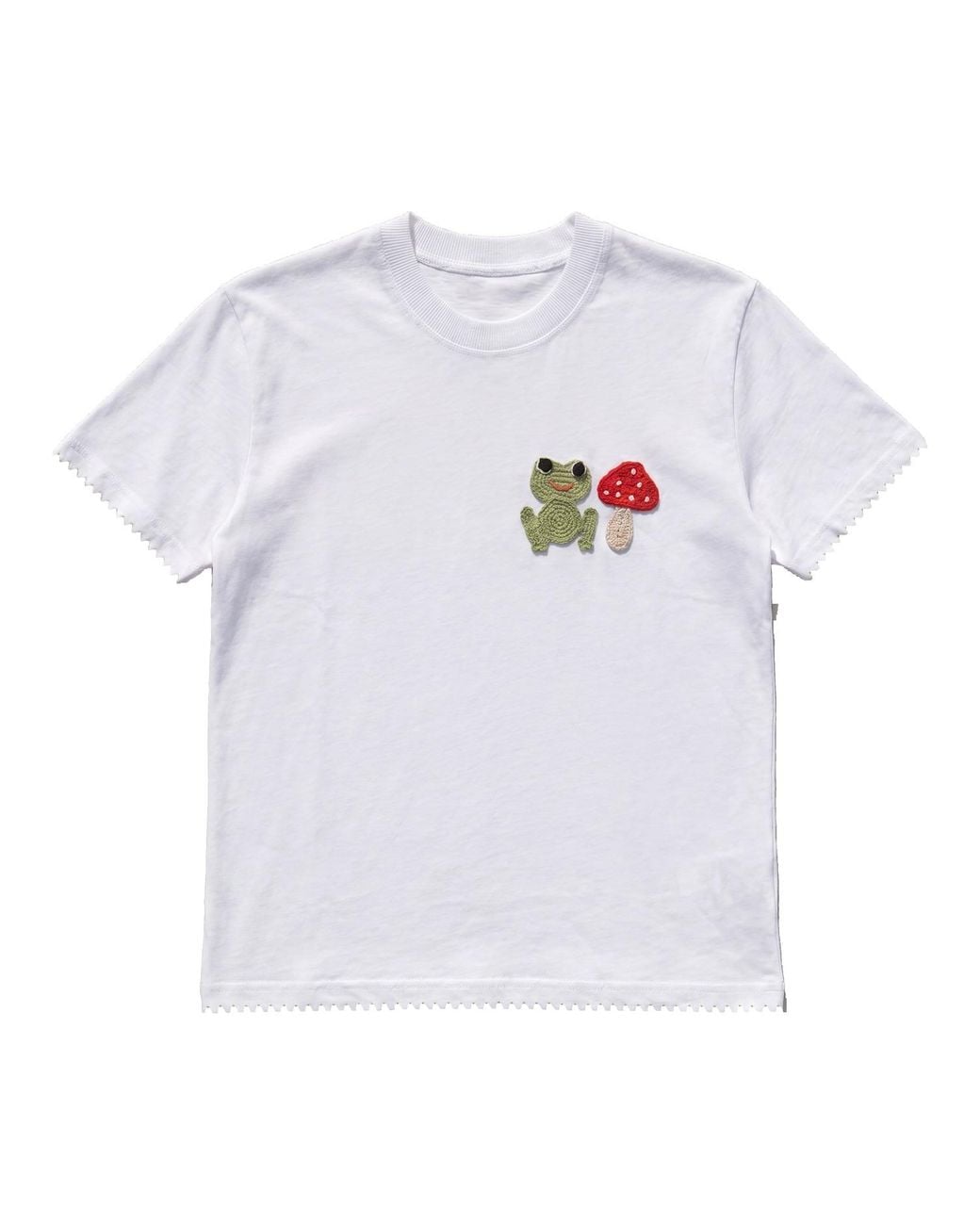 Ana Chic White Frog And Toadstool Handmade Crochet Applique Cotton Tee
