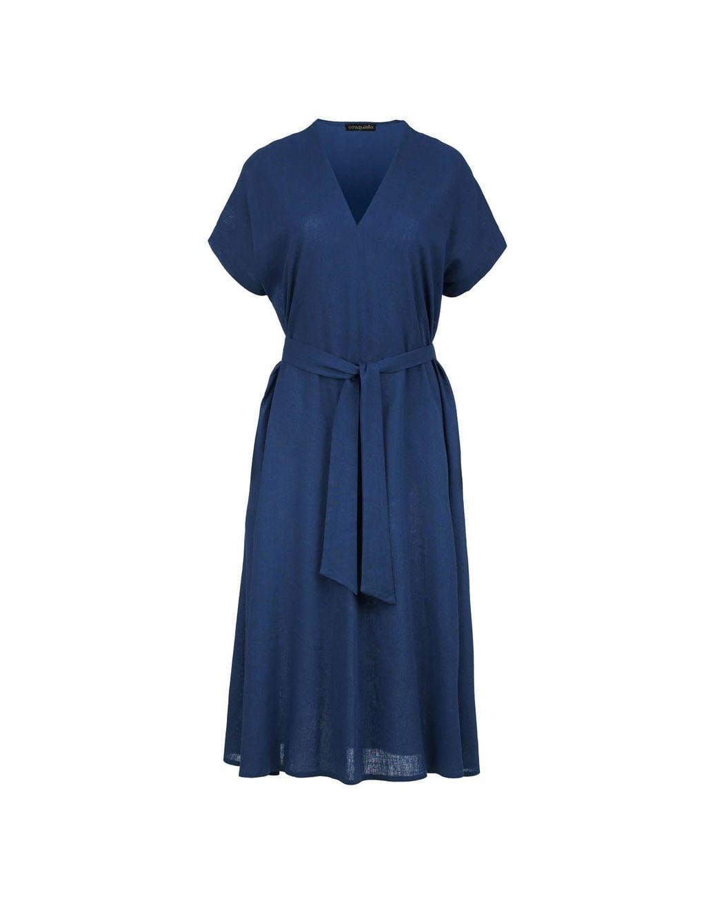 Conquista Blue Linen Style Belted Midi Dress
