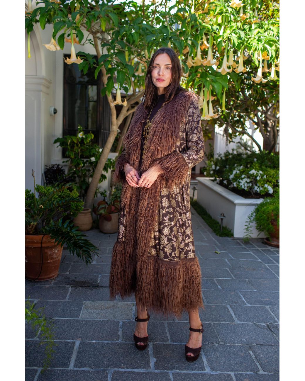 Jennafer Grace Brown Penny Deluxe Filigree Morena Faux Fur Trim Coat