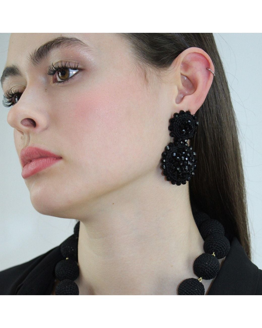 PINAR OZEVLAT Black Sunflower Drop Earrings