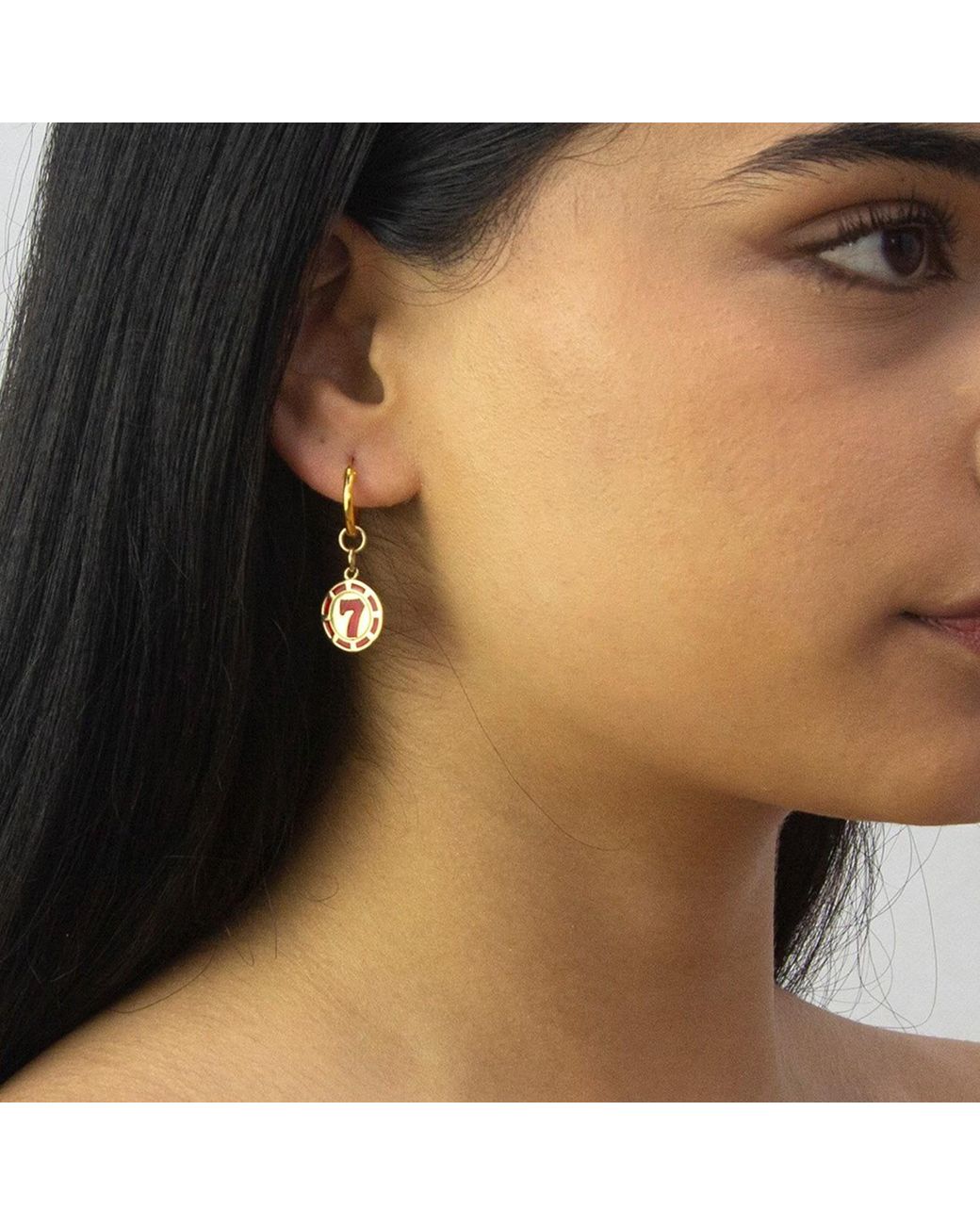 True Rocks Metallic Red Enamel & 18kt Gold Plated Mini No.7 Vegas Chip Charm On Gold Hoop for men
