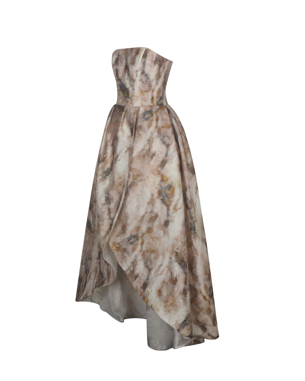 Miss Circle New York Natural Neutrals Micaela Camel Watercolor Jacquard Chiffon Dipped Hem Gown