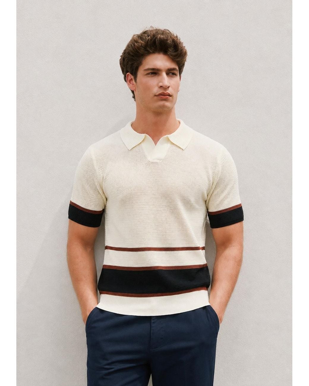 Vayla White Neutrals V-Neck Open Collar Knitted Shirt for men