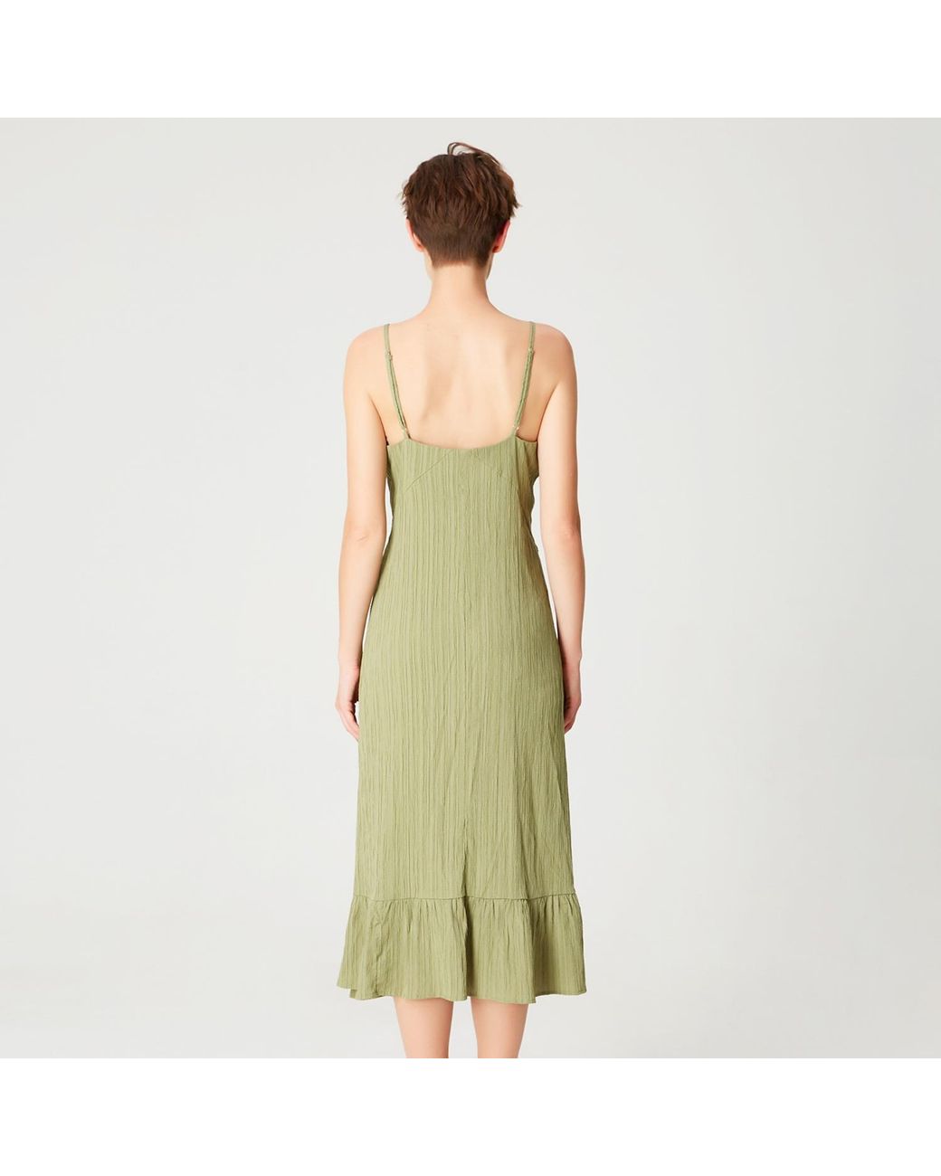 Smart and Joy Green Trapeze Midi Dress With Drawstring And Thin Shoulder Straps