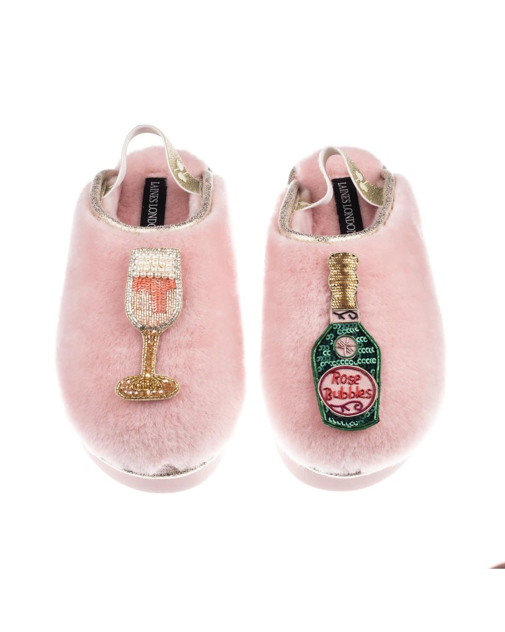 Laines London Pink Flatform Cloud Closed Toe Slippers With Champagne & Glass Brooches