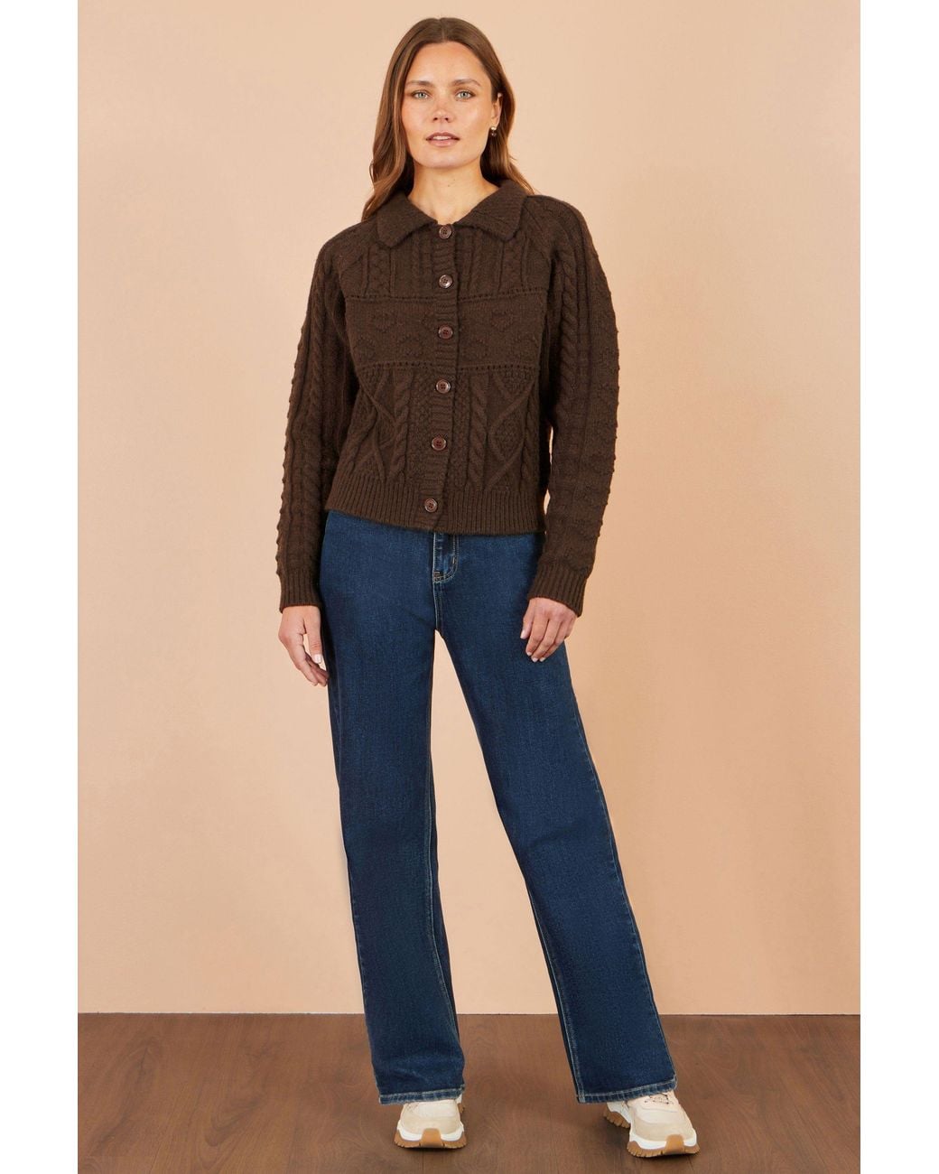 Yumi' Brown Cable Knit Boxy Jacket