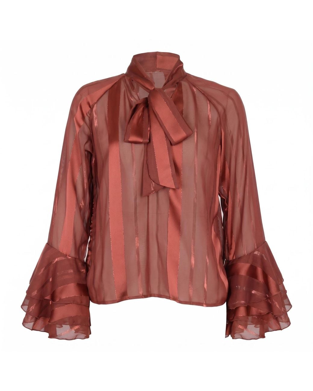 Modenaire Red Sheer Blouse With Tie Neck Detail And Bell Sleeves