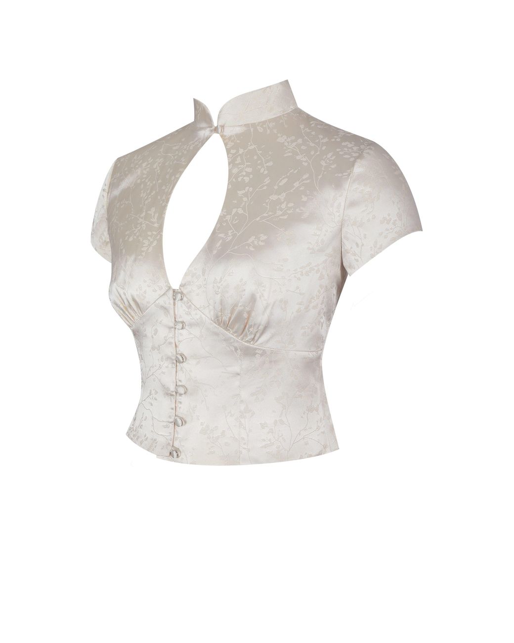 Miss Circle New York White Galilea Ivory Floral Jacquard Keyhole Mandarin Collar Top