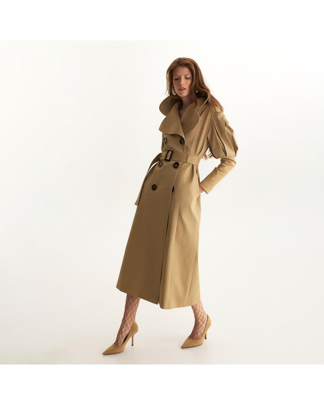 Lita Couture Natural Statement Pleated Shoulders Trench Coat