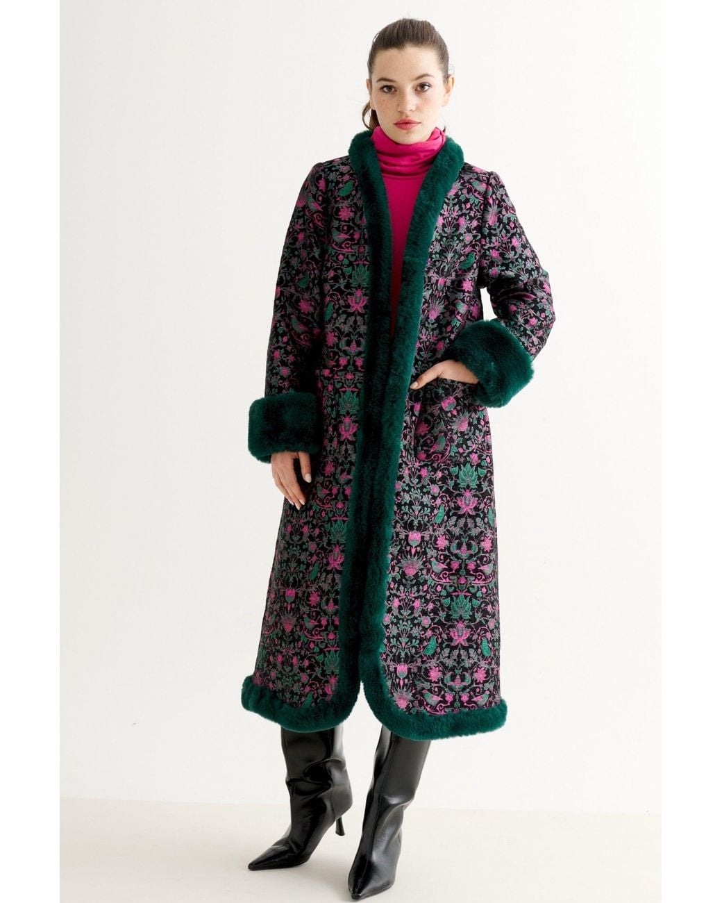 Louche Blue Delphia Belle Plume Jacquard Fur Trim Opera Coat