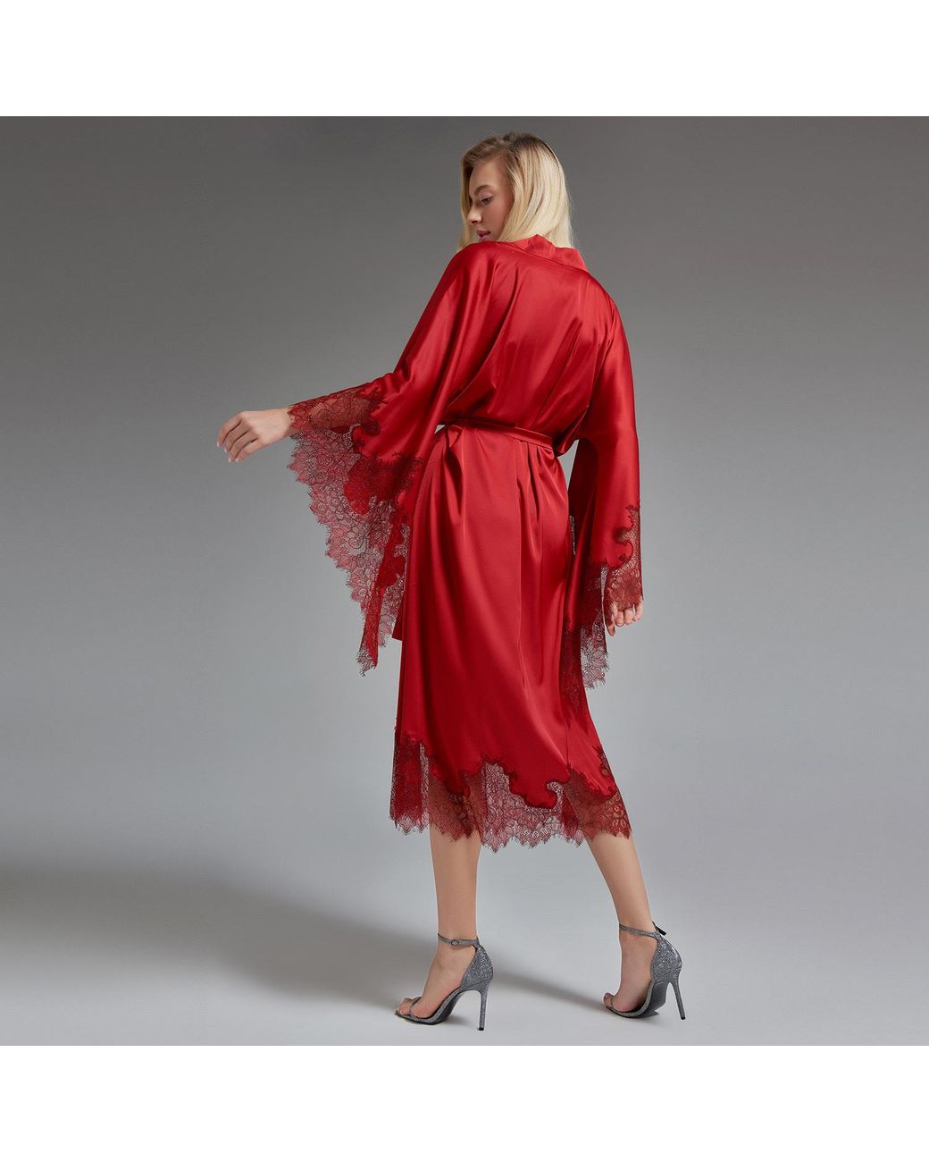 Avenue 8 Red Lace Maxi Silk Robe
