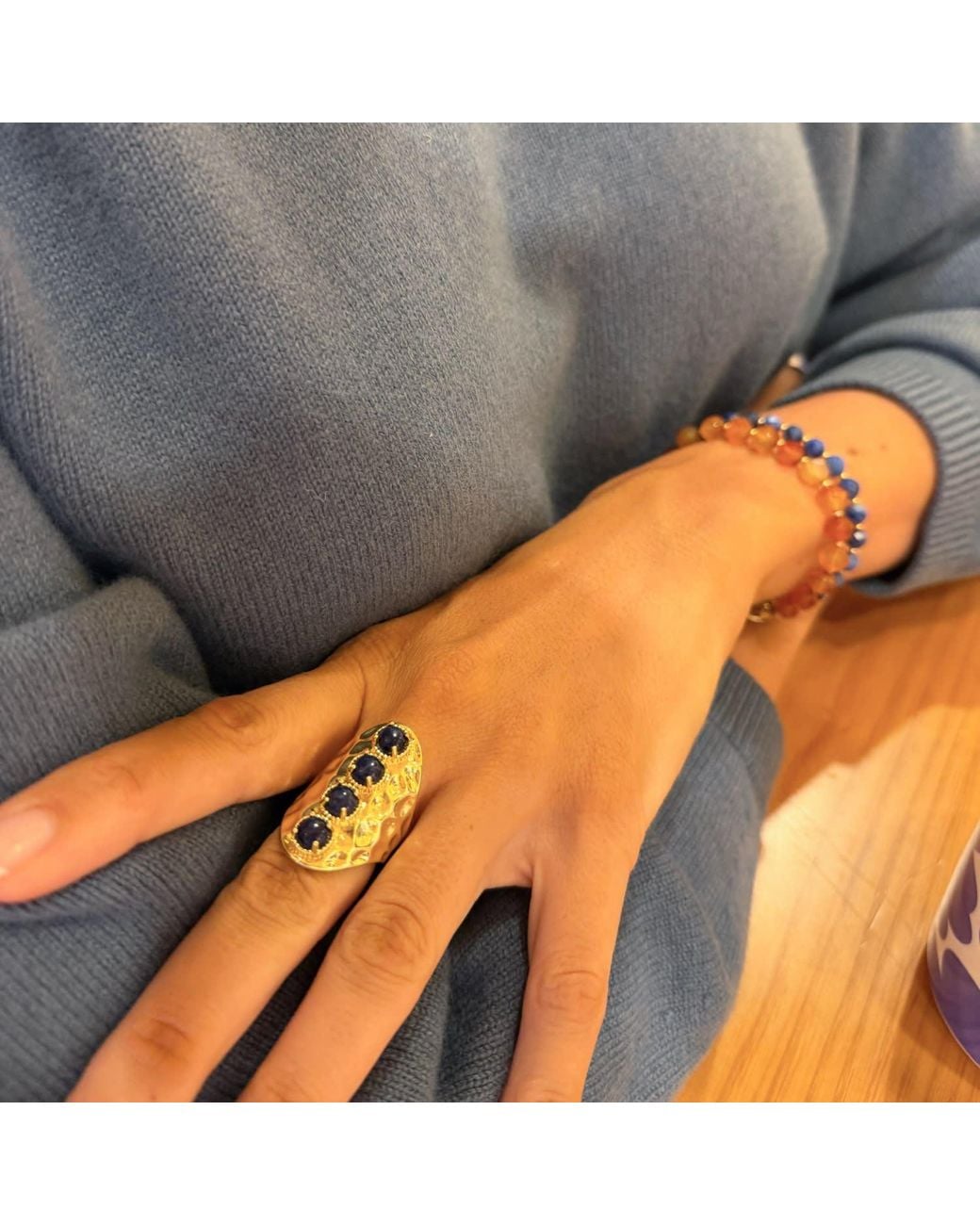 Farra Metallic Vintage Style Lapis Stone Chunky Ring Adjustable