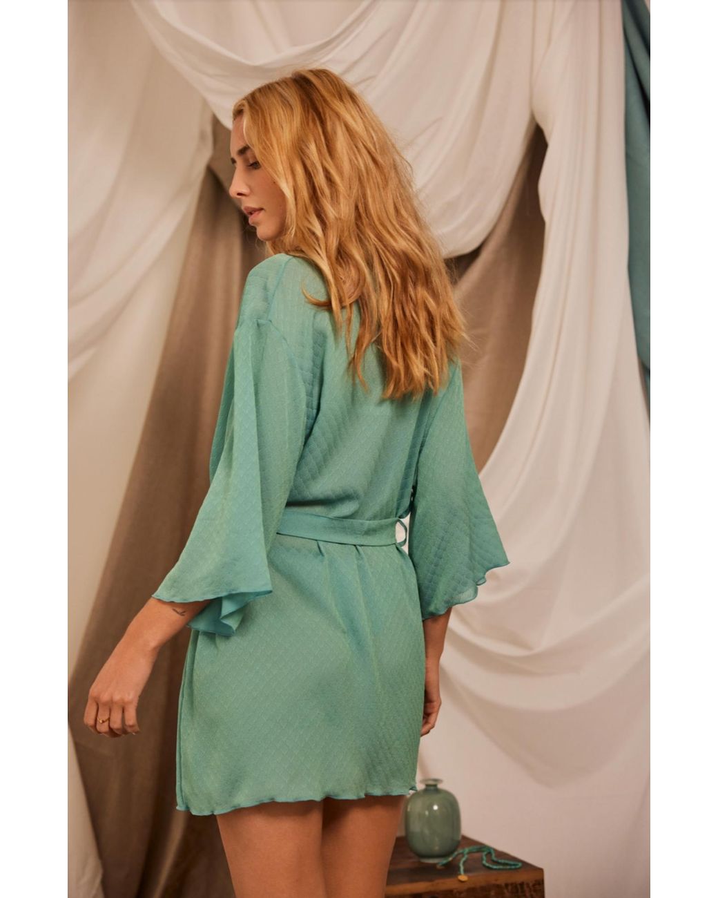 SAETA Paris Blue Silk Kimono Robe
