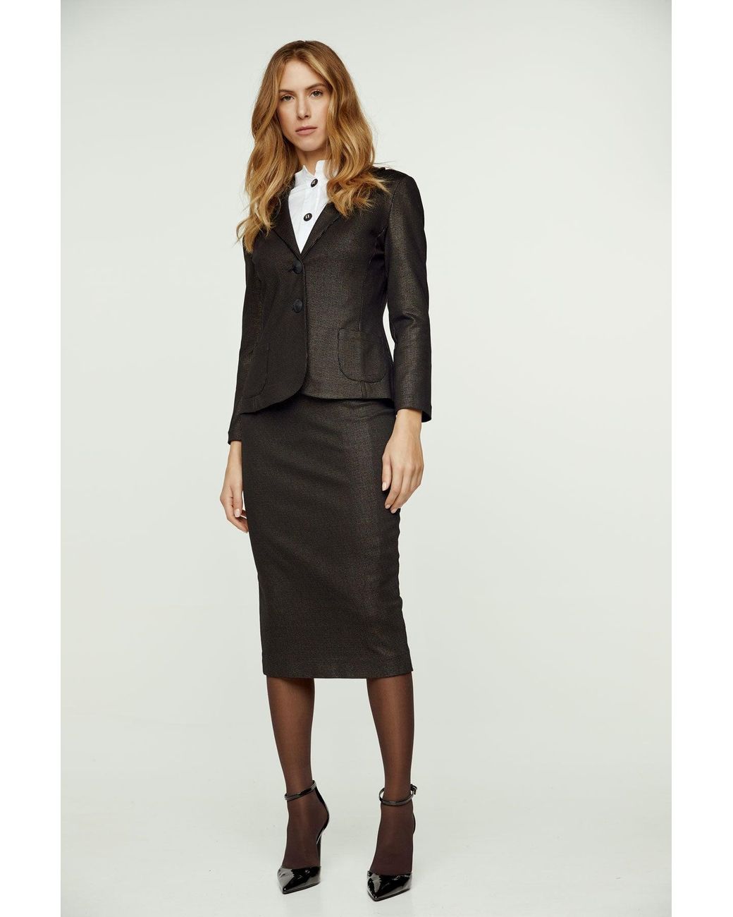 Conquista Gray Print Punto Di Roma Pencil Skirt With Slit