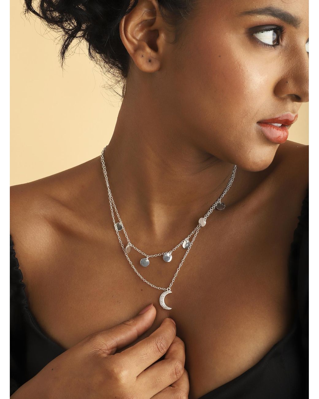 Lila Rasa Metallic Celestial Double Layer Necklace Crecent Cz Moon