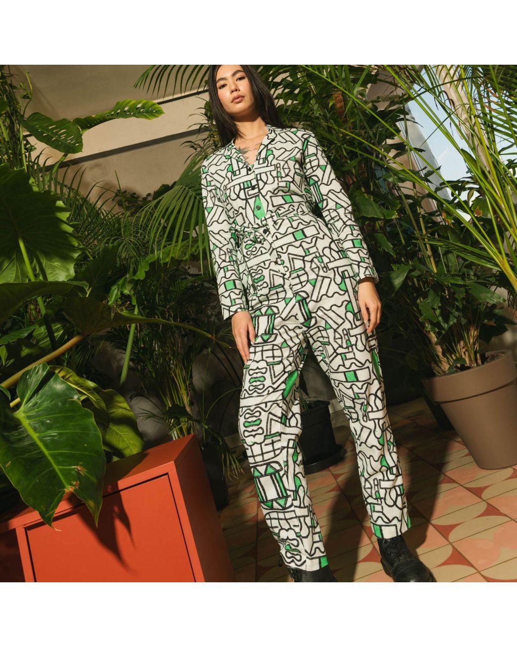 Wild Clouds Green Organic Cotton & Linen Jumpsuit
