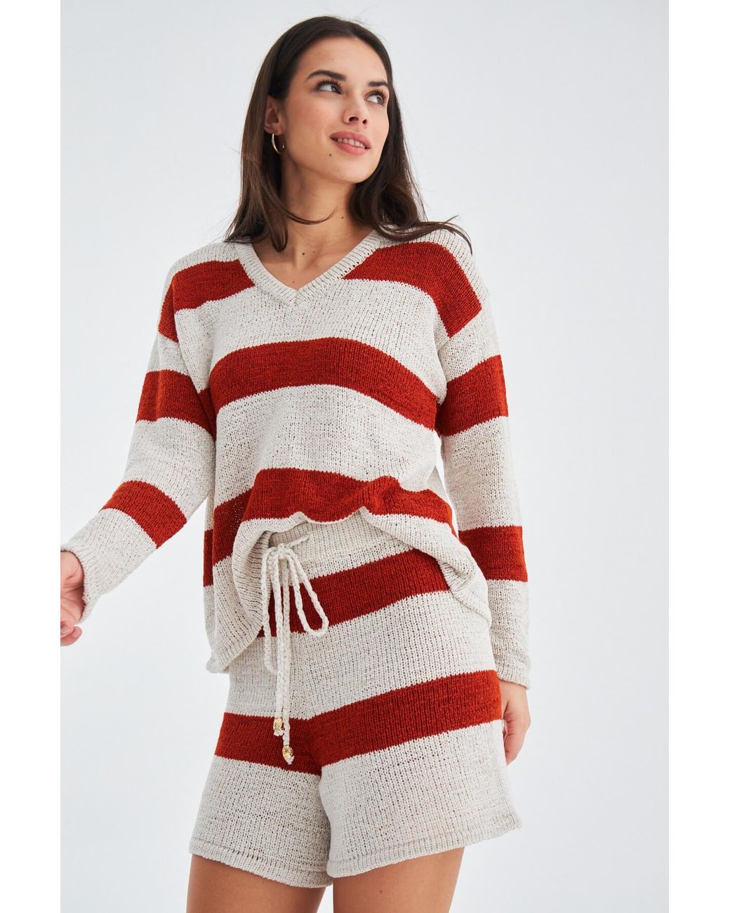 Peraluna Red Siena Knitted Striped Blouse & Shorts Matching Set