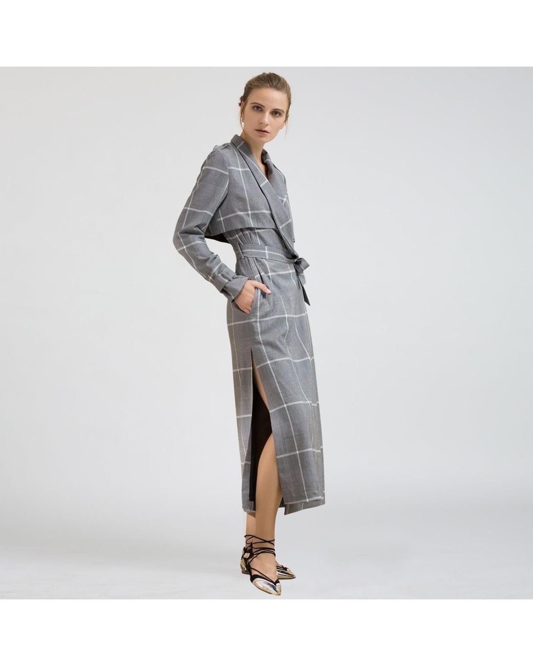 Smart and Joy Gray Long Tartan Coat