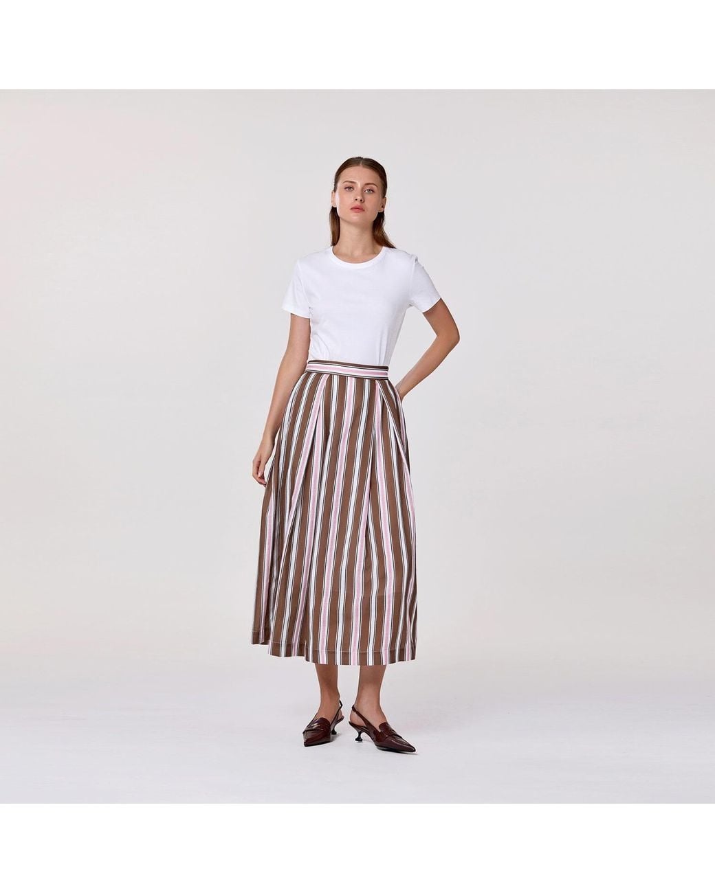 Smart and Joy Brown Striped Midi Skirt With Cotton Lining
