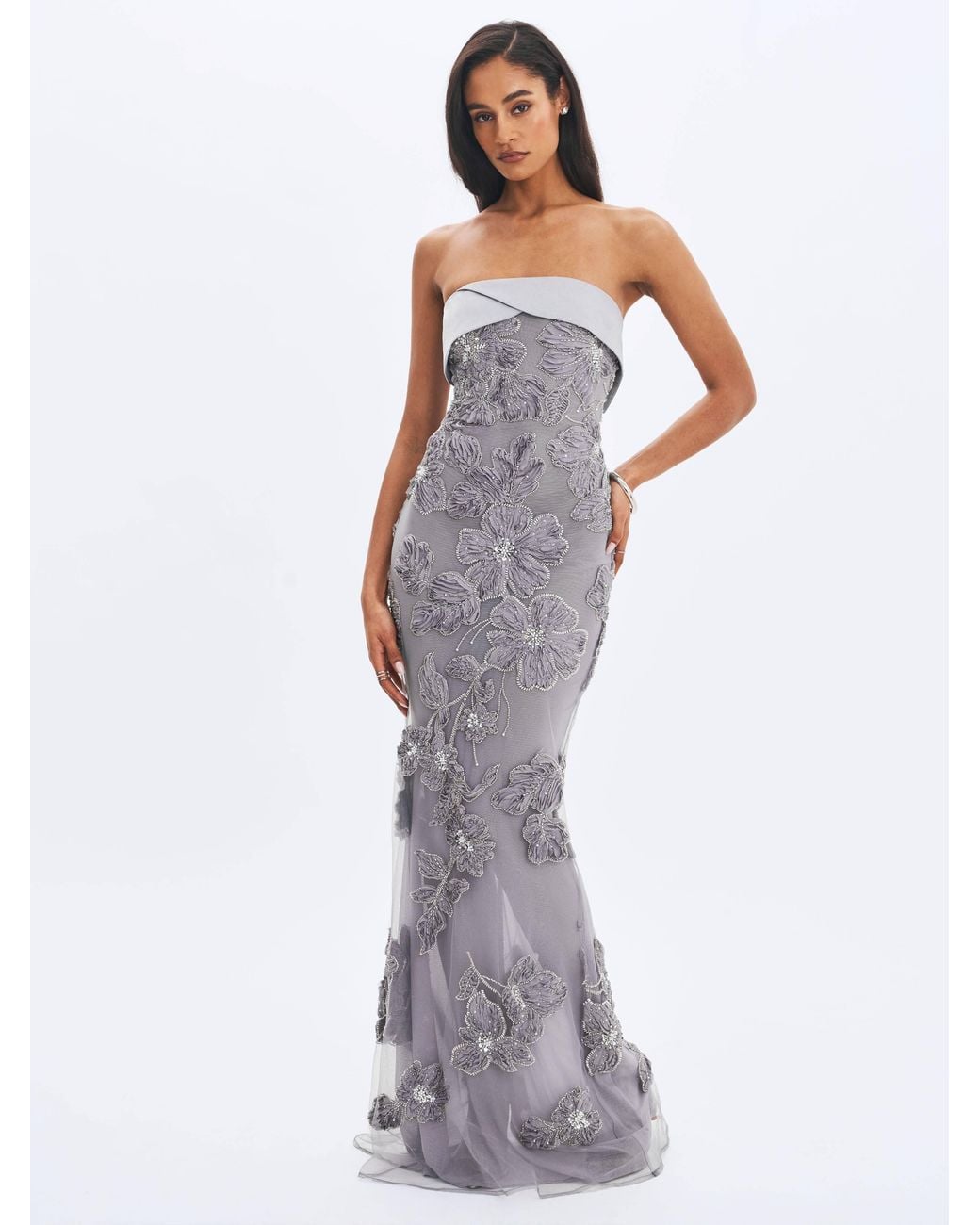 Miss Circle New York Gray Raphaela Beaded Floral Strapless Mermaid Maxi Dress