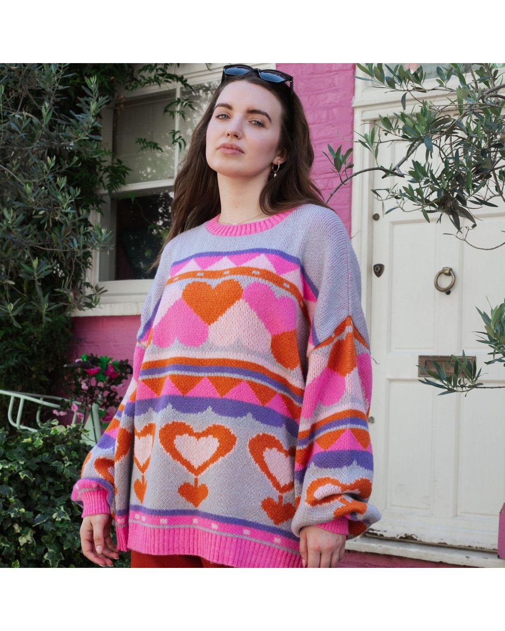 Cara & The Sky Pink Poppy Heart Intarsia Balloon Sleeve Oversized Jumper