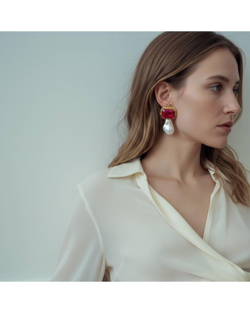 Silver & Elegant Co. Red Sculptural Renaissance Gemstone & Pearl Earrings, 22K-Plated Bronze