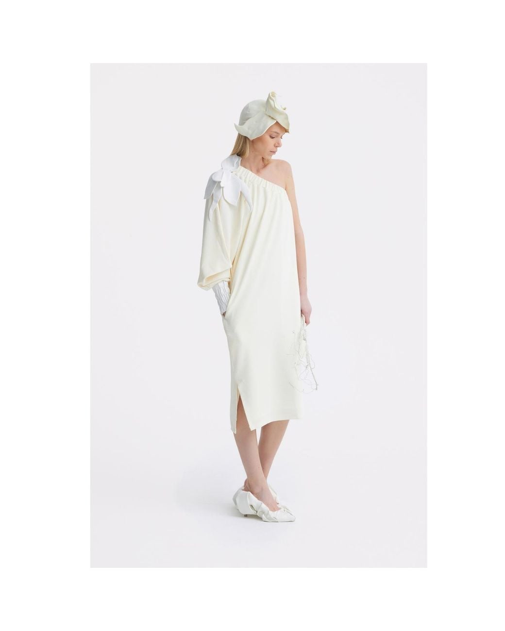 Julia Allert Natural Neutrals Cocktail One-Shoulder Midi Dress Ecru