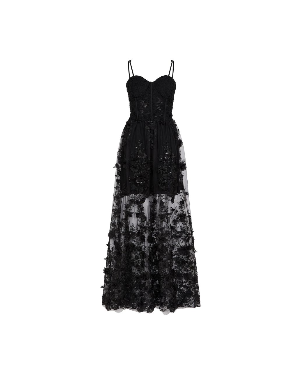 Sour Figs Black Floral Appliqué Embroidered Sequin Sheer Gown