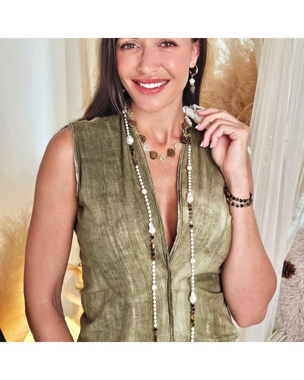 Farra Metallic Baroque Freshwater Pearls With Heart Tiger-Eye Stone Long Necklace