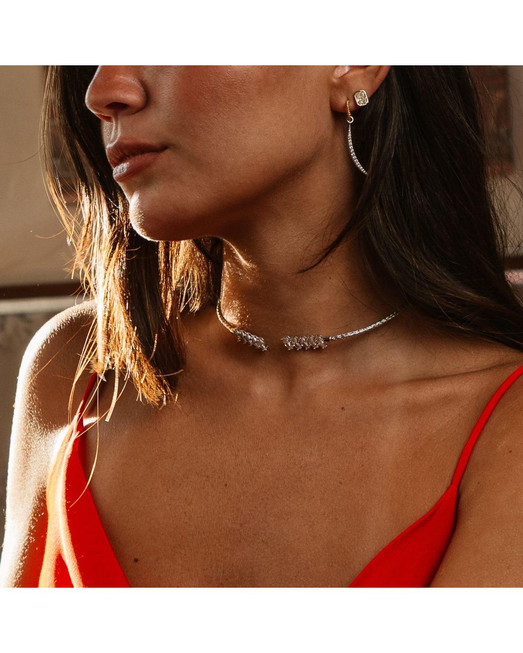 Ebru Jewelry Metallic Marquise Cubic Zirconia Woven Sterling Choker Necklace