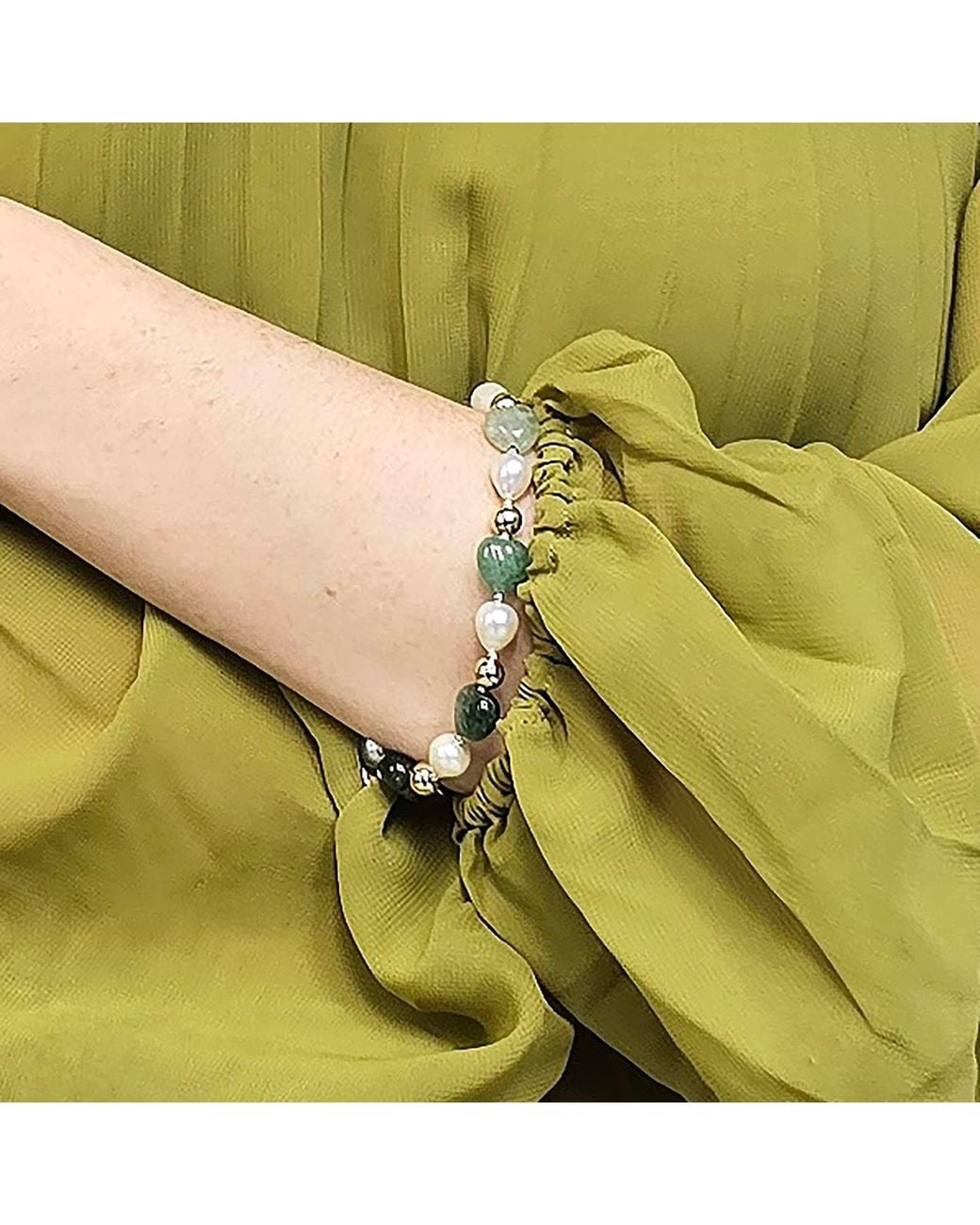 Farra Green Heart Shaped Aventurine With Freshwater Pearls Adjustable Bracelet