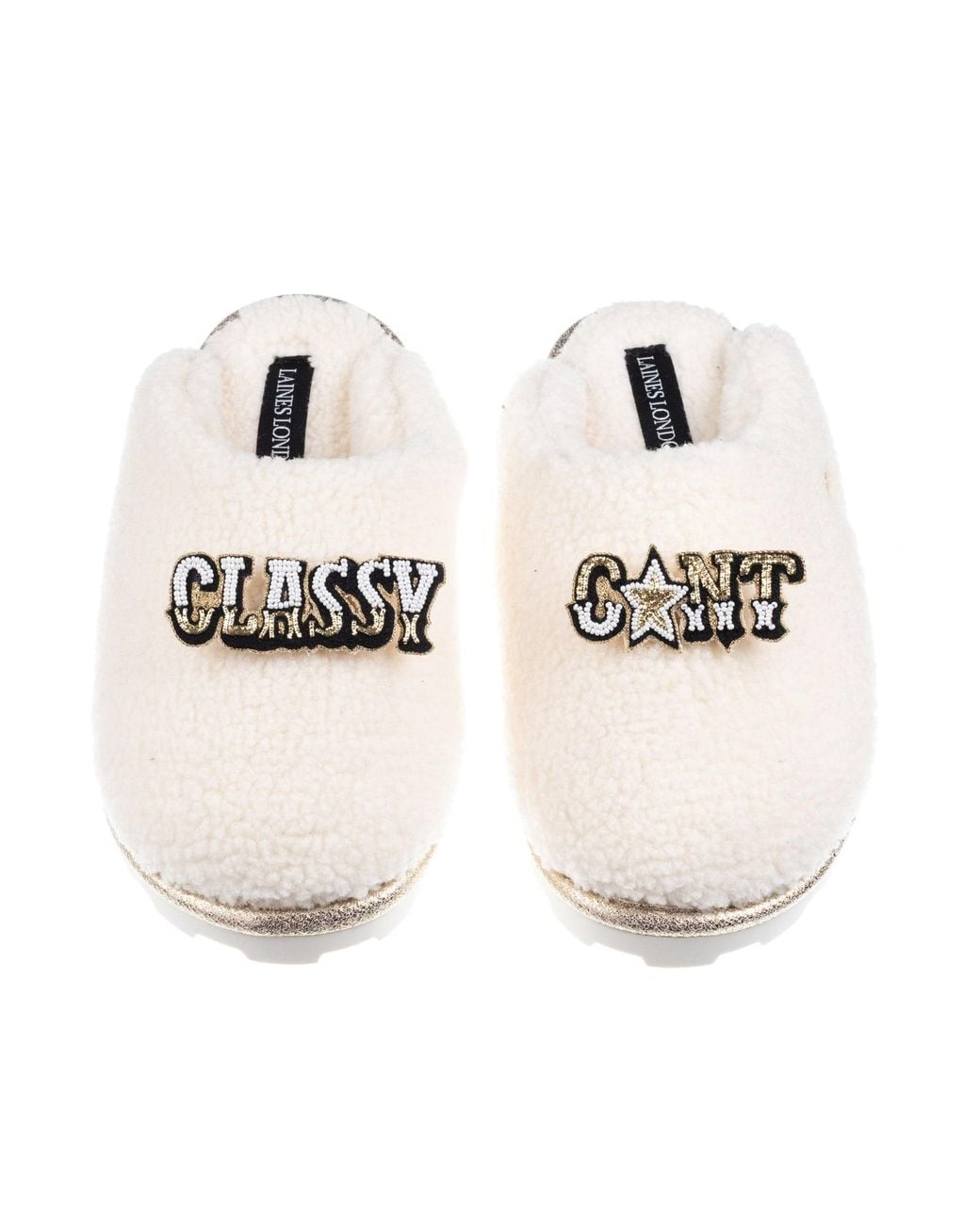 Laines London Natural Neutrals Teddy Closed Toe Slippers With Classy Cunt Brooches