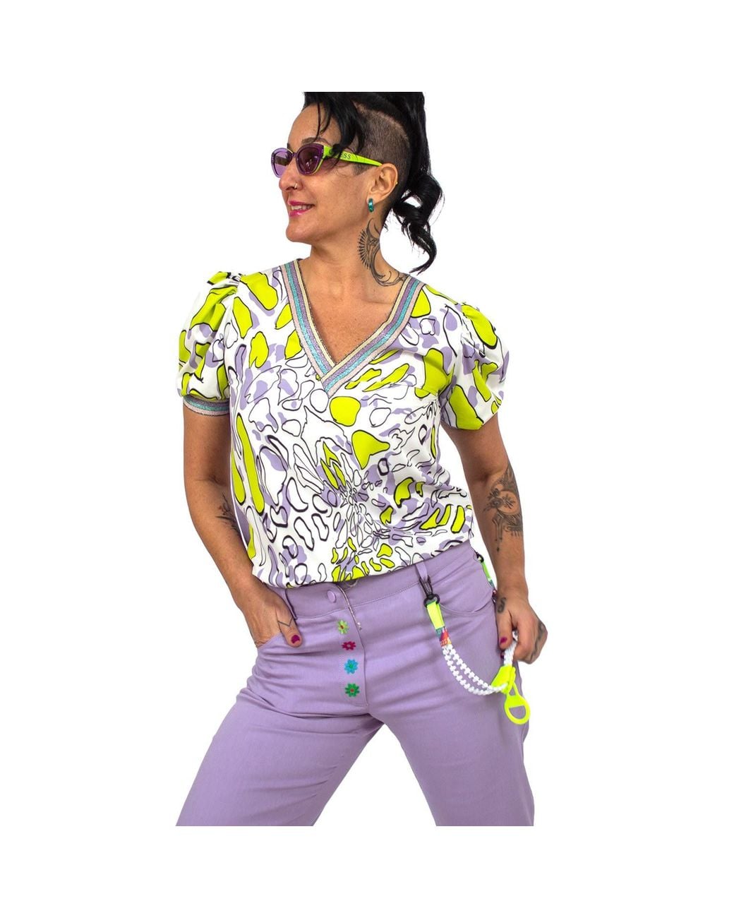 Lalipop Design Blue Puff Sleeves V-neck Blouse With Abstract Printed Front