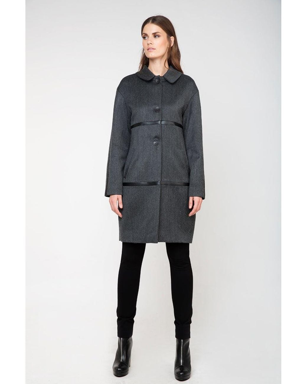 Conquista Black Coat With Leather Look Detail