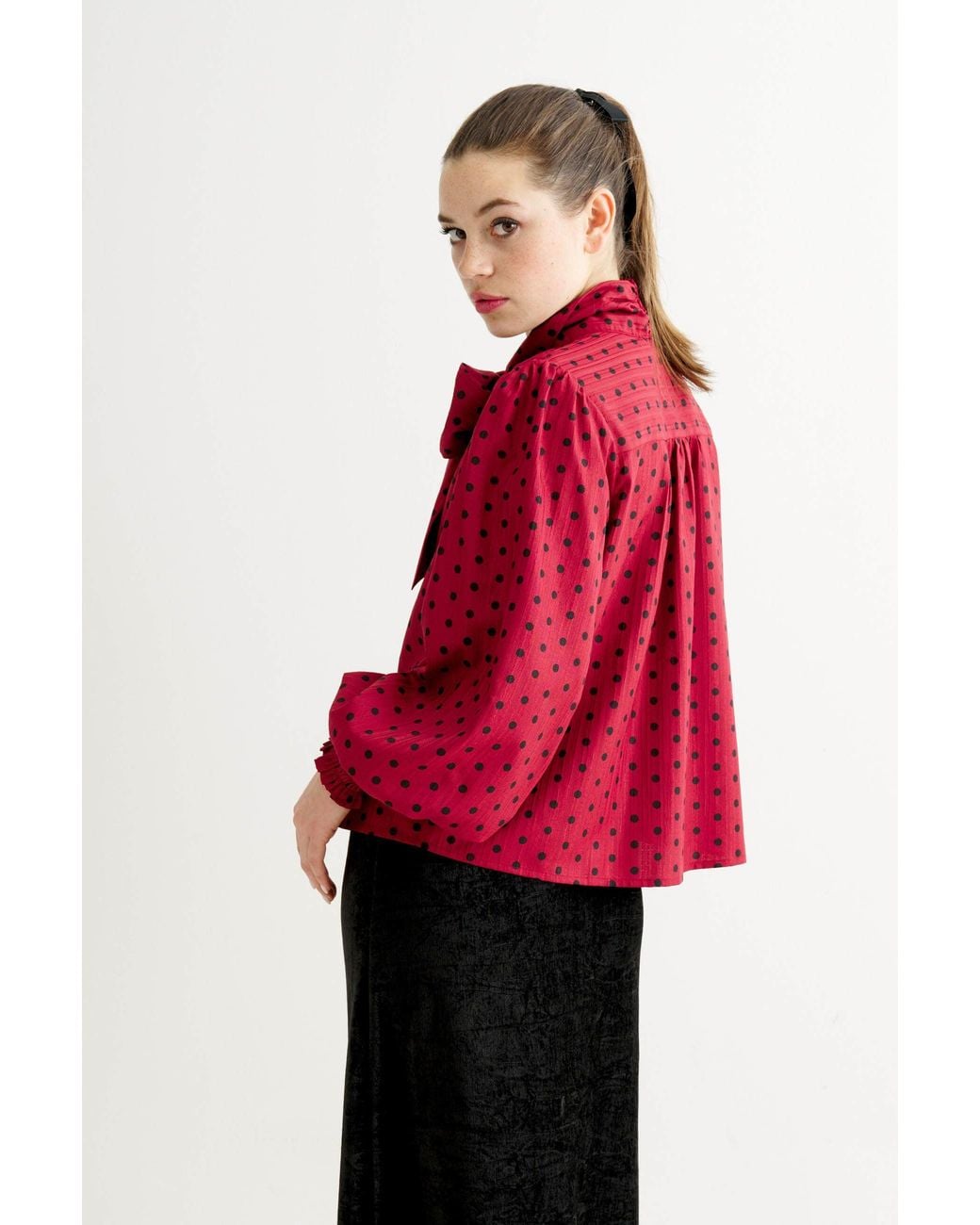 Louche Red Aditi Spot Tie Neck Blouse