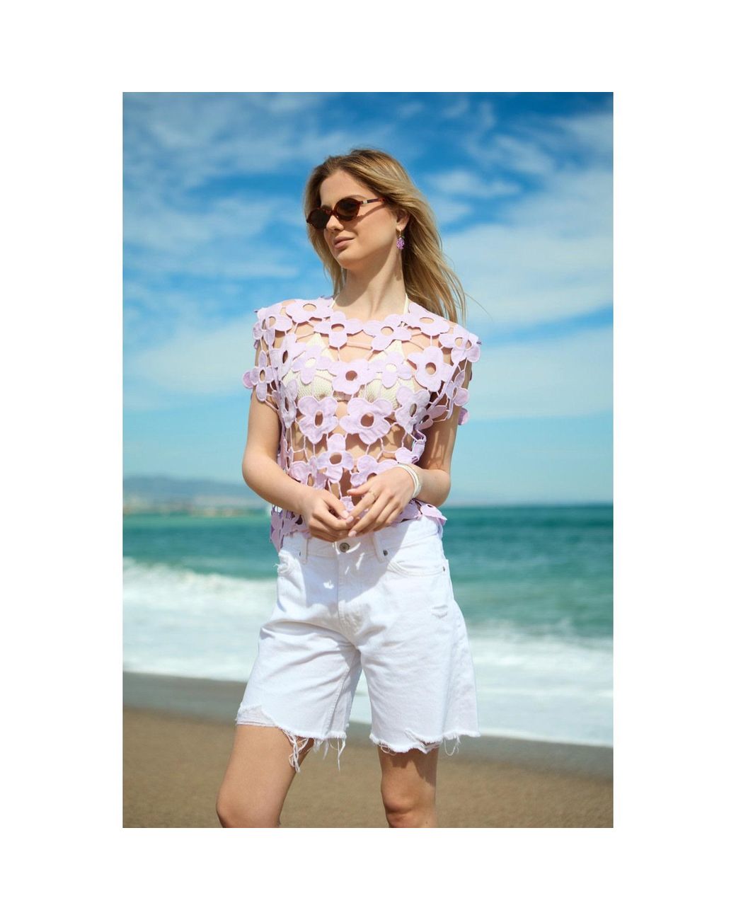 Saachi Purple Floral Open Knit Vest Lilac Top