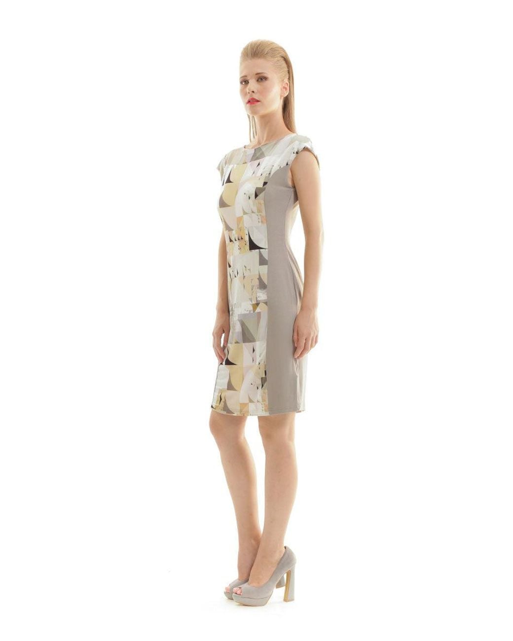 Conquista Metallic Neutrals Geometric Print Dress