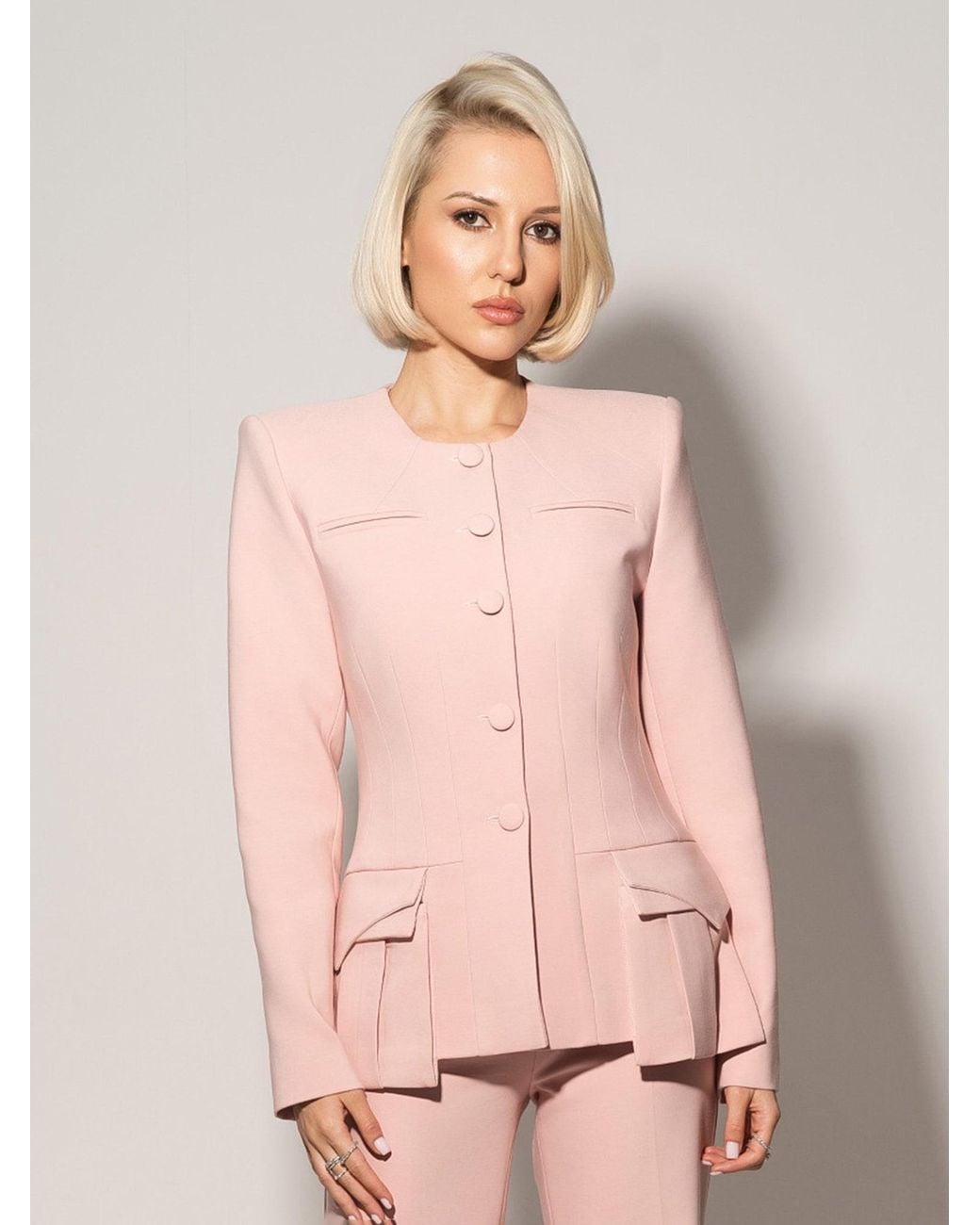 Tia Dorraine Pink Button Up Collarless Blazer Jacket