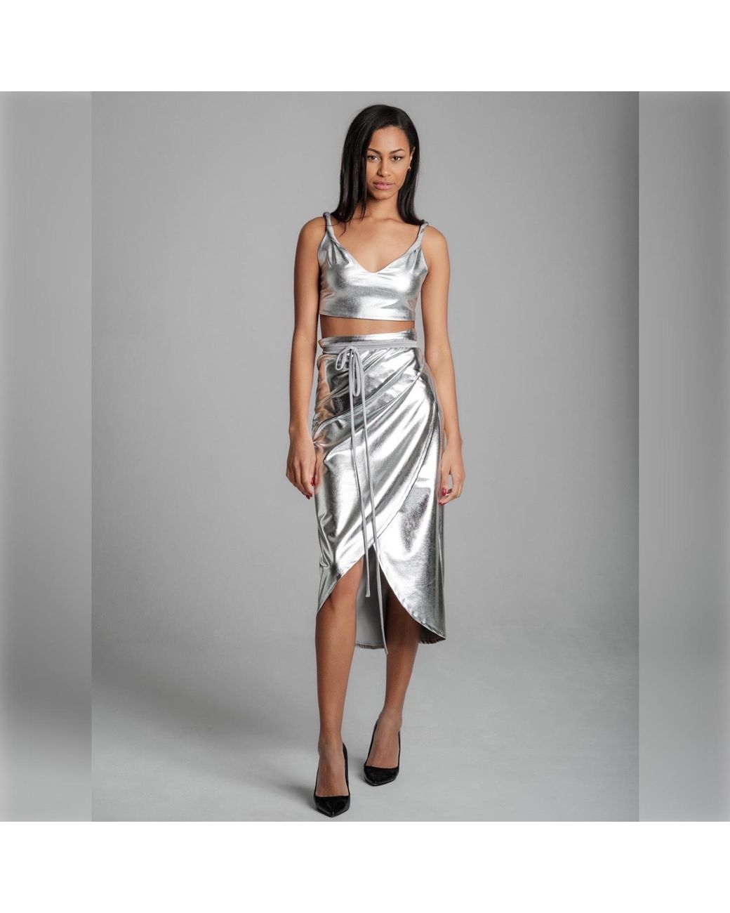 Imaatu Gray Drape Glam Metallic Faux Leather Wrap Midi Skirt