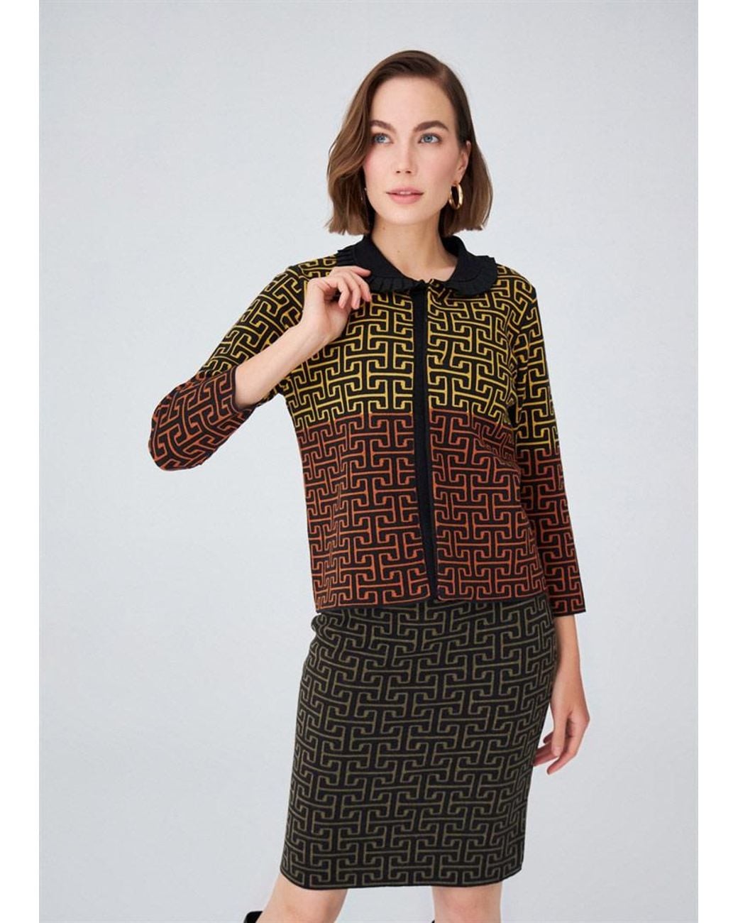 Peraluna Brown 3/4 Sleeve Geometric Jacquard Patterned Knitwear Jacket