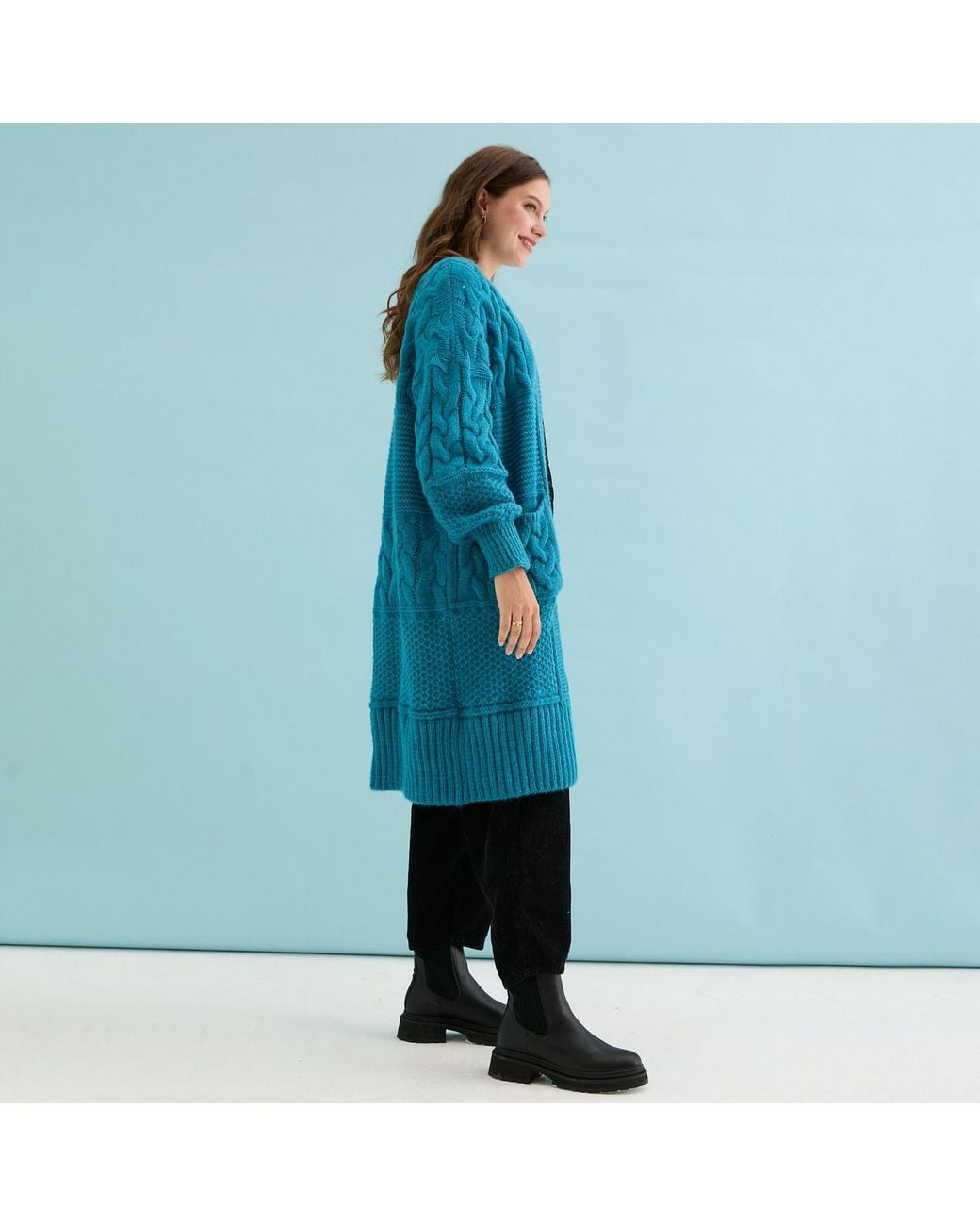 Cara & The Sky Blue Alex Balloon Sleeve Cable Maxi Cardigan