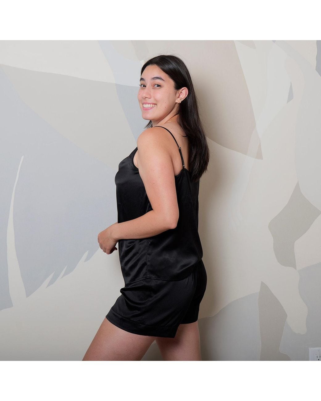 Soft Strokes Silk Black Pure Mulberry Silk Cowl Neck Camisole And High Waist Shorts Set