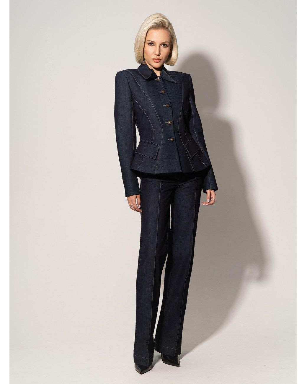 Tia Dorraine Blue Hourglass Denim Blazer Jacket – Dark