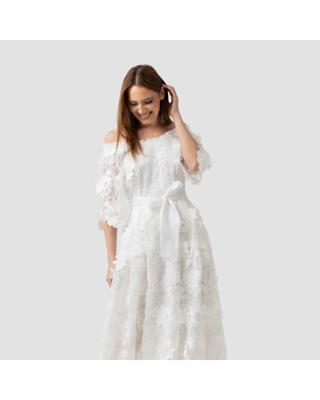 IZABELA MANDOIU Natural Midi Dress With Off-Shoulder And Floral Appliqués