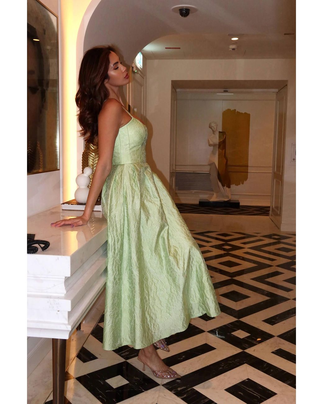 POST MERIDIEM Green Lime Jacquard Fitted Corset Bustier Dress