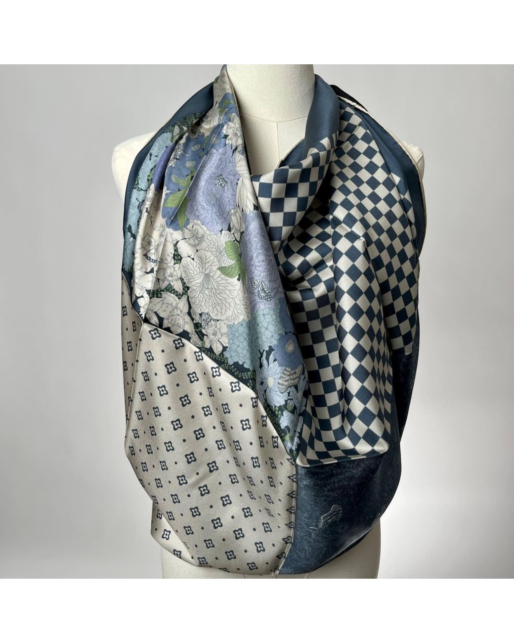 Wenzi Gray Patchwork Of Dreams Hand Painted Pattern Double Sided Silk Twill Scarf