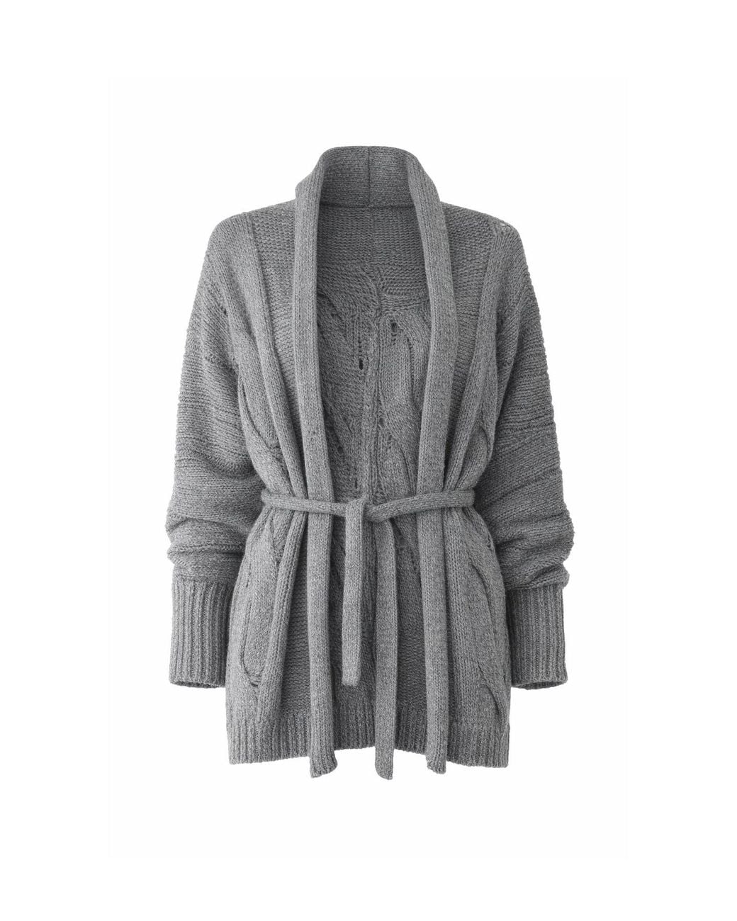 Conquista Gray Belted Cable Knit Cardigan