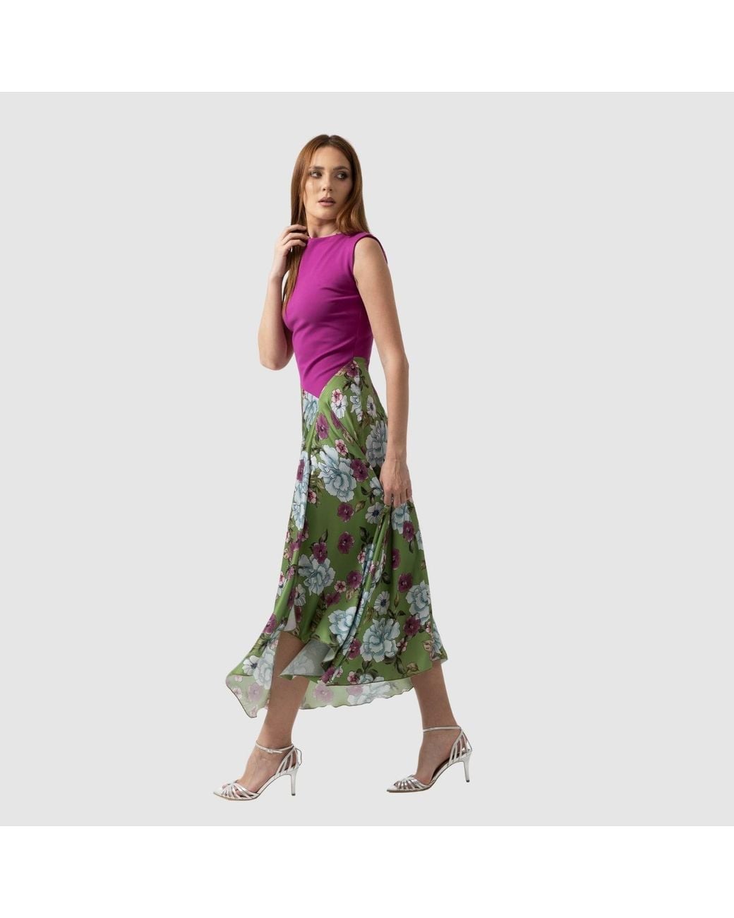 IZABELA MANDOIU Purple Two-Tone Jersey Top Floral Midi Dress